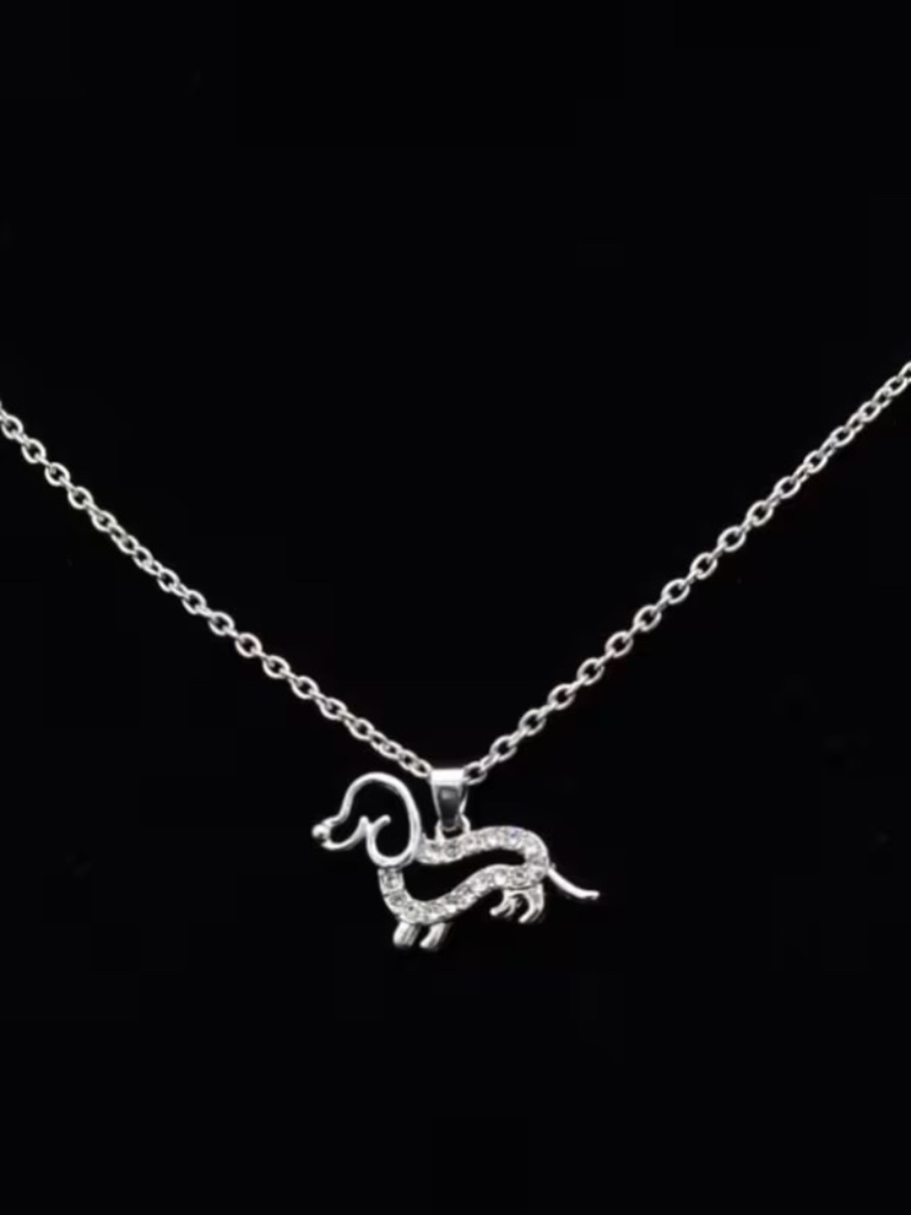 Silver Dachshund Necklace Rhinestone Doxie Dog Lover Jewelry Gift